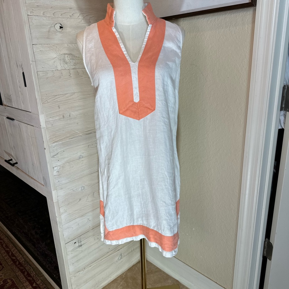 Sail to sable size Small white linen with‎ coral trim V-neck tunic/mini dress - Picture 4 of 12
